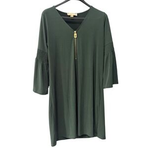 Michael Kors Dark Green Dress V‎ Neck Gold Zipper Bell Sleeve Smocked Detail